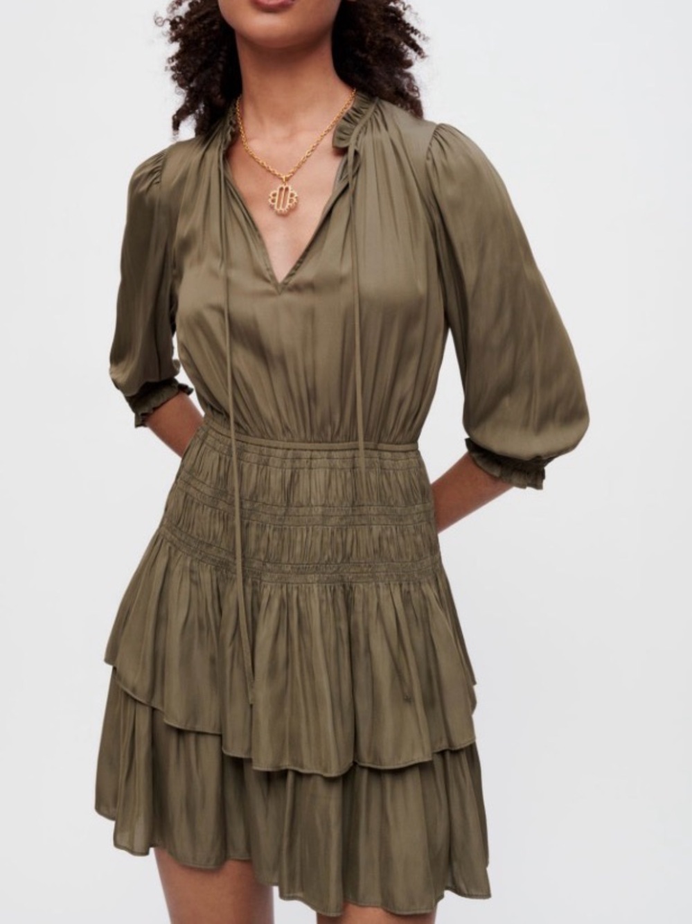 Smocked Waist Tiered Mini Dress in Olive